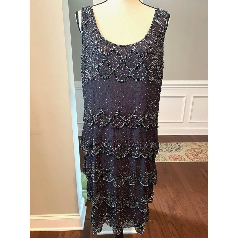 Vintage 1980"s Patra Beaded Silk Dress with Tiered Skirt Navy Blue Sz 14